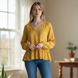 Pleione Women’s Yellow Floral Blouse Long Sleeve V-Neck Yellow/Wht Size-L NWT